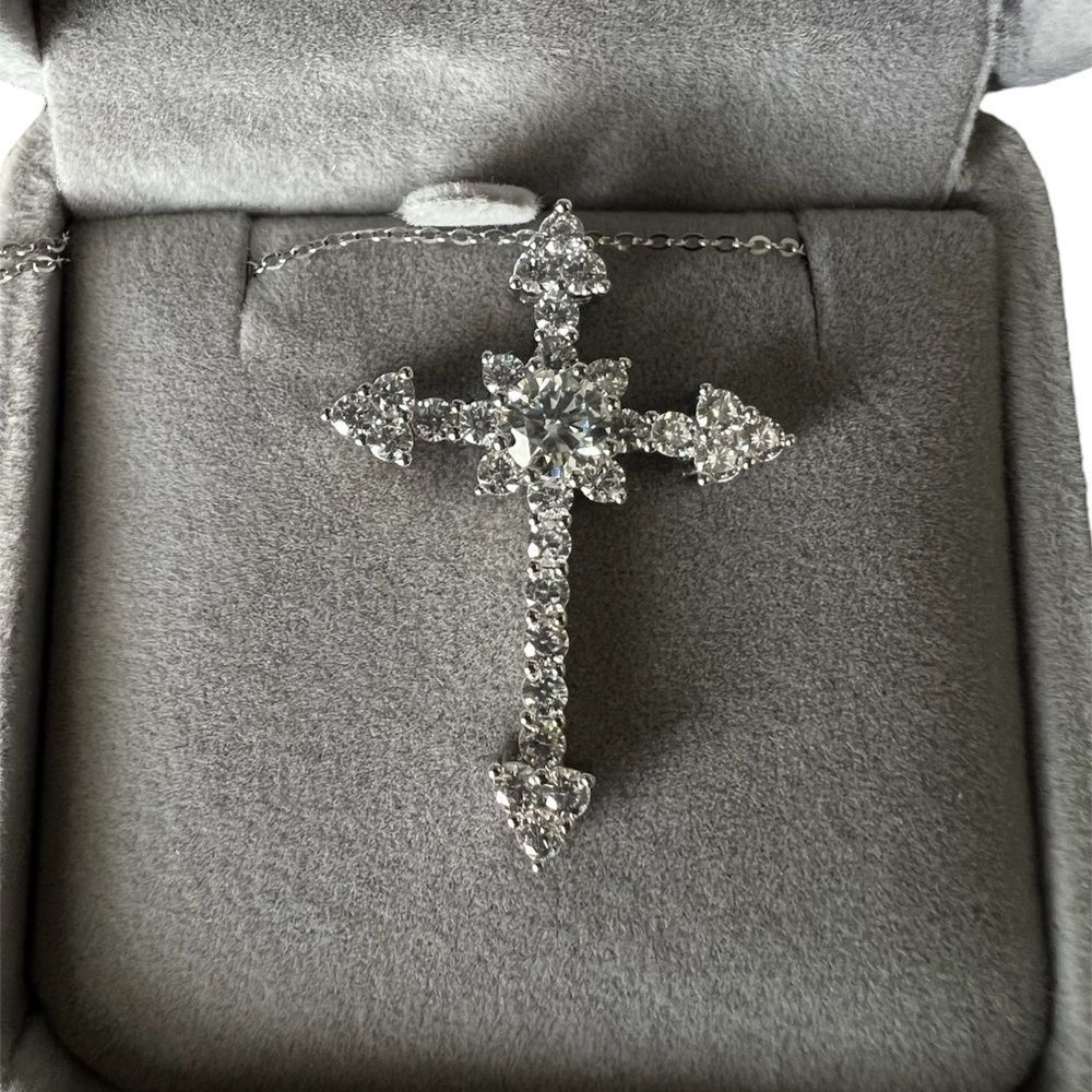 Moissanite Sterling Silver 925 Cross Pendant Adjustable Necklace Set 16-18 inch